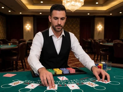 M&auml;nnlicher Live-Dealer in Weste beim Austeilen von Blackjack-Karten am gr&uuml;nen Filztisch