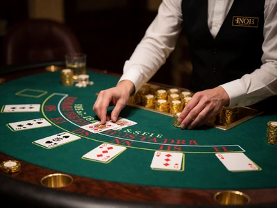 Live Blackjack-Tisch mit gr&uuml;nem Filz und goldenen Chips im Casino-Studio