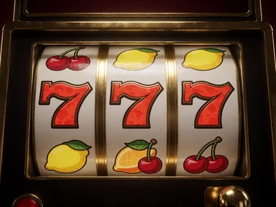 Klassischer Frucht-Spielautomat mit gl&auml;nzenden Kirsch-, Zitronen- und Sieben-Symbolen