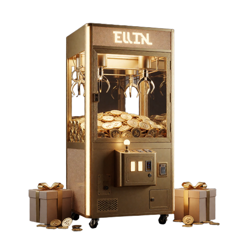 Luxuri&ouml;se goldene Greifmaschine mit leuchtenden Lichtern und goldenen Preistokens