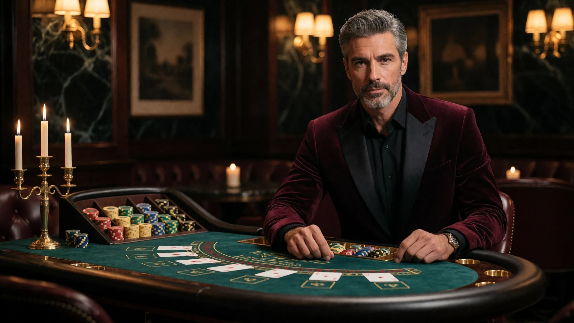Gentleman in bordeauxrotem Samt-Smoking am privaten Baccarat-Tisch im abgeschirmten Salon Priv&eacute; von Millioner Casino