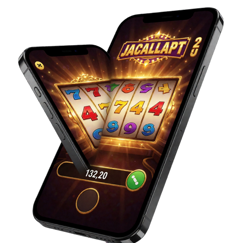 Smartphone mit leuchtender goldener Slot-Game-Oberfl&auml;che und Jackpot-Anzeige