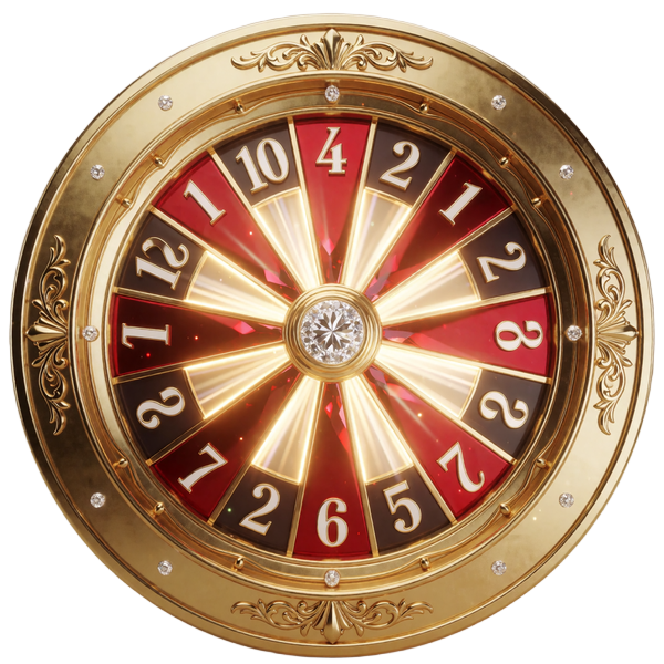 Leuchtendes goldenes Gl&uuml;cksrad mit rubinroten Segmenten und Diamant-Zentrum im Millioner Casino