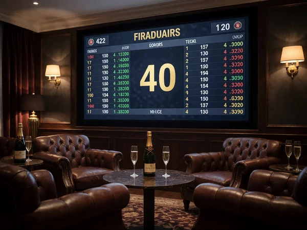 Luxuri&ouml;se Sportwetten-Lounge mit Live-Quoten auf gro&szlig;en Bildschirmen und Ledersesseln