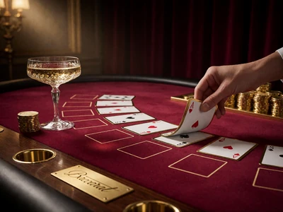 Baccarat-Tisch mit goldenen Karten im Squeeze-Format auf rubinrotem Filz im Salon Priv&eacute;