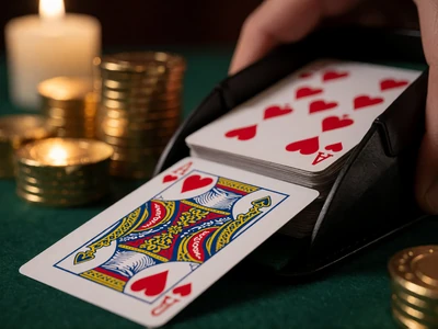 Nahaufnahme eines Baccarat-Kartenschlittens, der Karten auf dunkelgr&uuml;nen Filz gibt