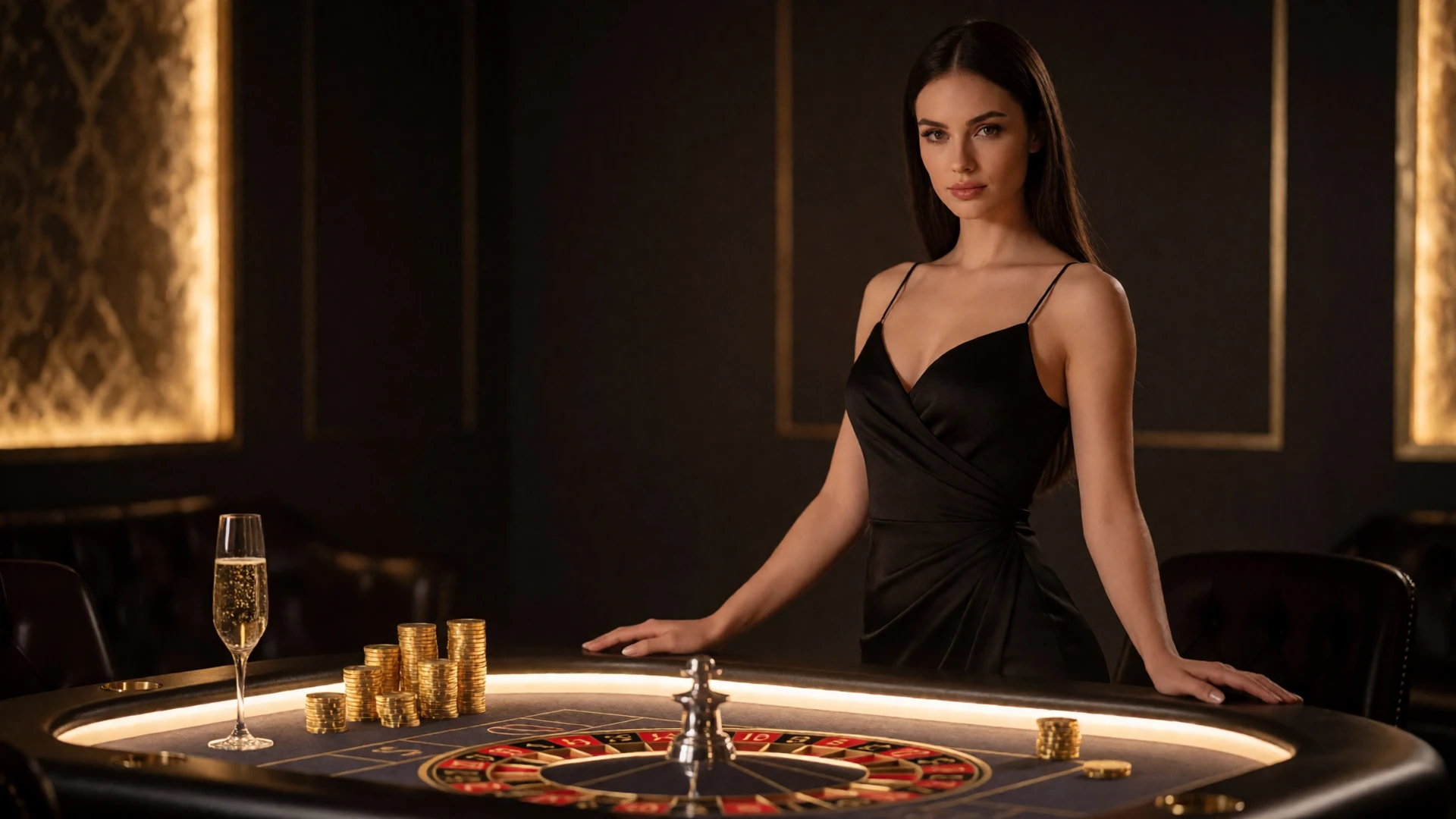 Elegante Frau in schwarzer Abendrobe an leuchtendem Roulettetisch im luxuri&ouml;sen Casino-Lounge von Millioner Casino