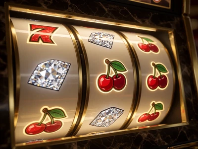 Goldene Slot-Rollen mit leuchtenden Diamant- und Kirsch-Symbolen im dunklen Casino-Ambiente