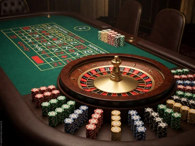 Live-Casino-Tisch mit goldenem Roulettekessel und gestapelten Chips unter warmem Studiolicht