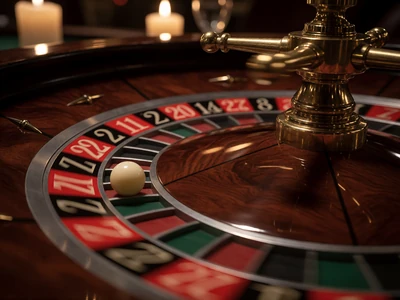 Europ&auml;ischer Roulette-Kessel mit einfacher Null in warmem Kerzenlicht im VIP-Casino