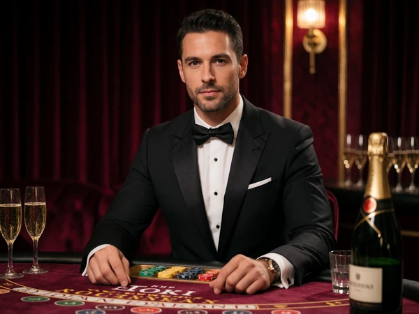 Mann im Smoking beim privaten Baccarat-Tisch in einem Samt-VIP-Raum mit goldener Beleuchtung