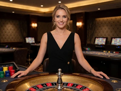 L&auml;chelnde Live-Dealerin in elegantem schwarzen Kleid am goldenen Roulette-Tisch im Studio